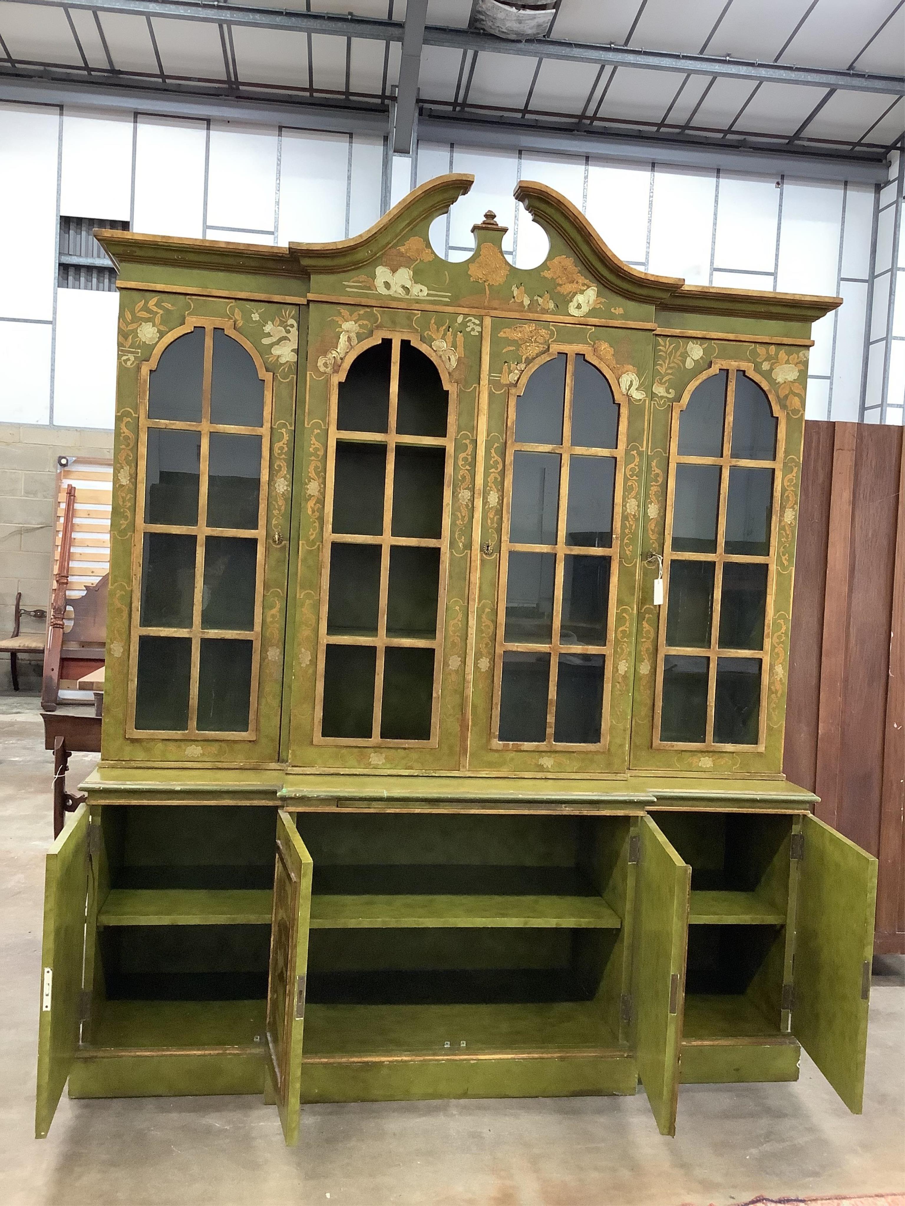 A George III style green chinoiserie lacquer breakfront library bookcase, width 196cm, depth 56cm, height 238cm. Condition - poor to fair
